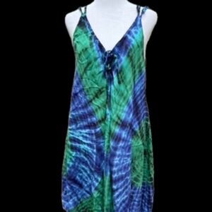 Blue/Green Tie-Dye Sundress – One Size, Like New, 100% Rayon